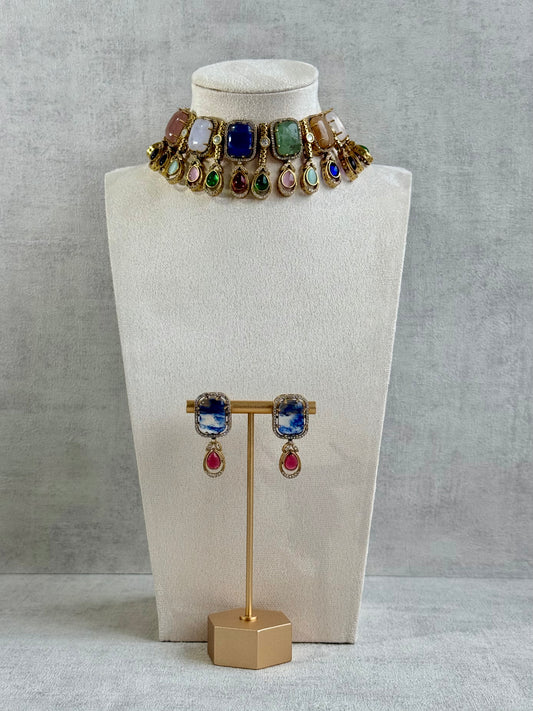 Ayura Designs Adelaide Necklace Set with Earrings – Multicolour Moissanite with Blue Stone Drop Earrings