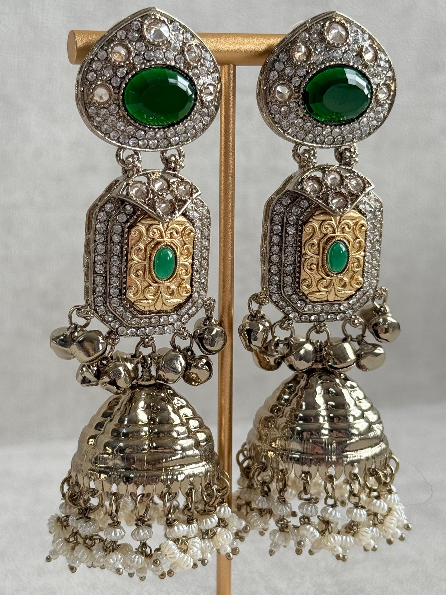 Ayura Designs Maara Jhumkis – Champagne Gold with Emerald Green Stones, Crystals, Ghungroos & Pearl Detailing