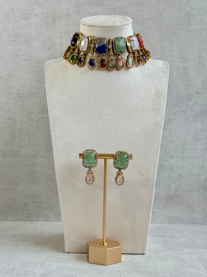 Ayura Designs Adelaide Necklace Set with Earrings – Multicolour Moissanite with Green Stone Drop Earrings
