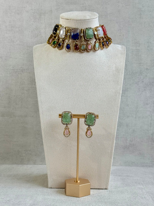 Ayura Designs Adelaide Necklace Set with Earrings – Multicolour Moissanite with Green Stone Drop Earrings
