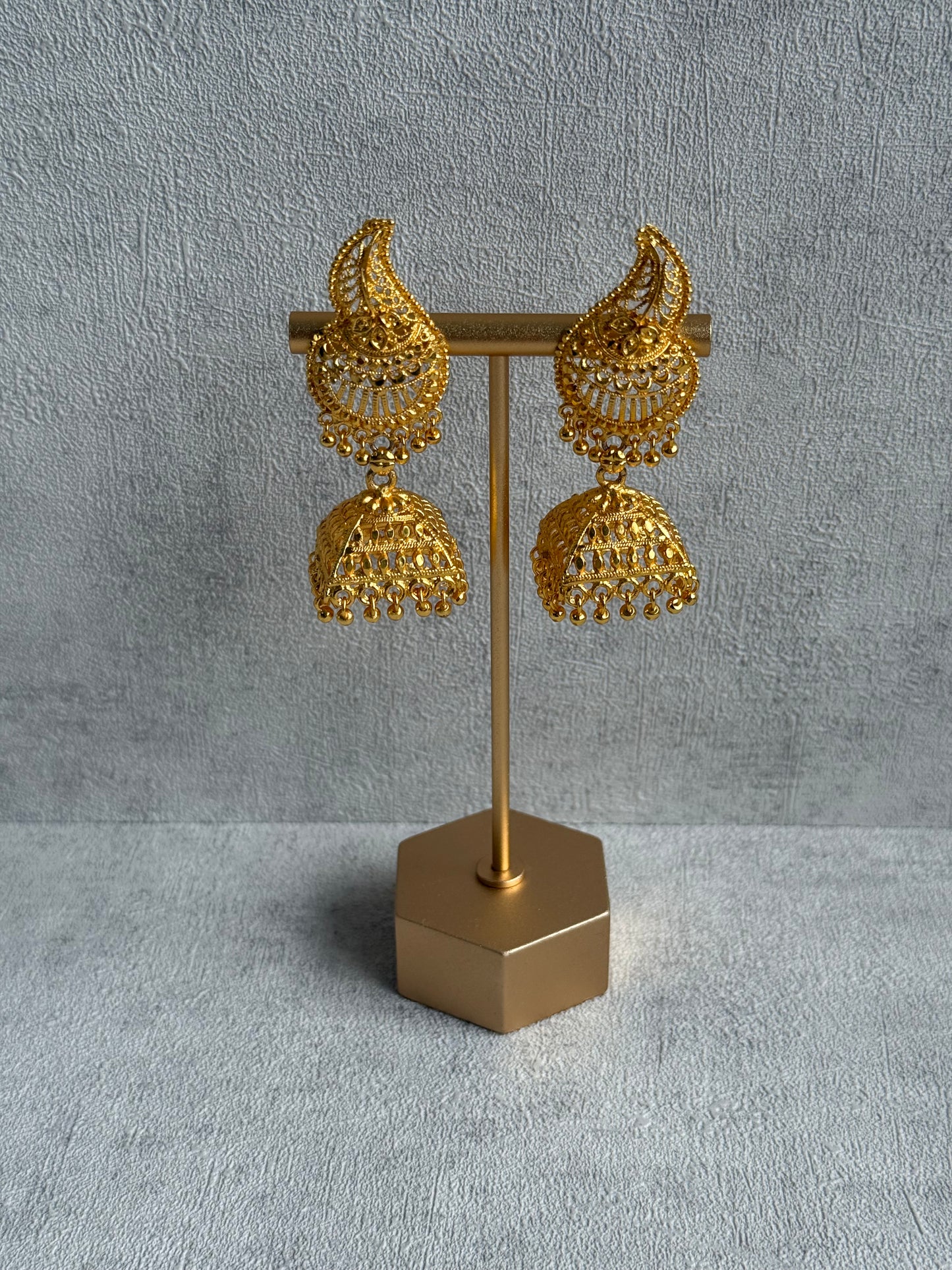 Ayura Designs Sonal Jhumkis – Antique Gold Filigree Earrings with Dome Detailing & Mini Ghungroos