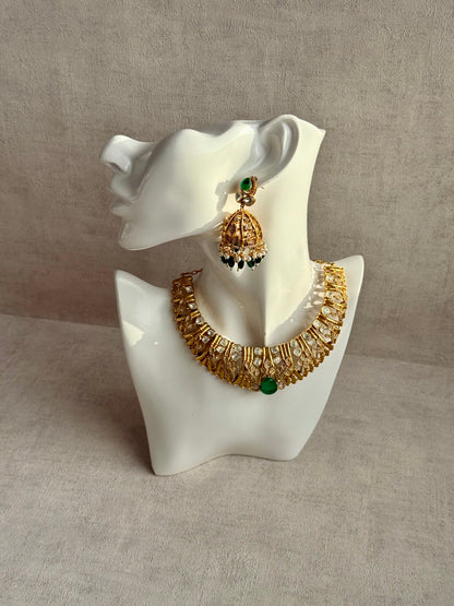 Ayura Designs Rami Collar Set with Jhumkis – Sculpted Gold Collar with Emerald Green Stone and Crystal Detailing