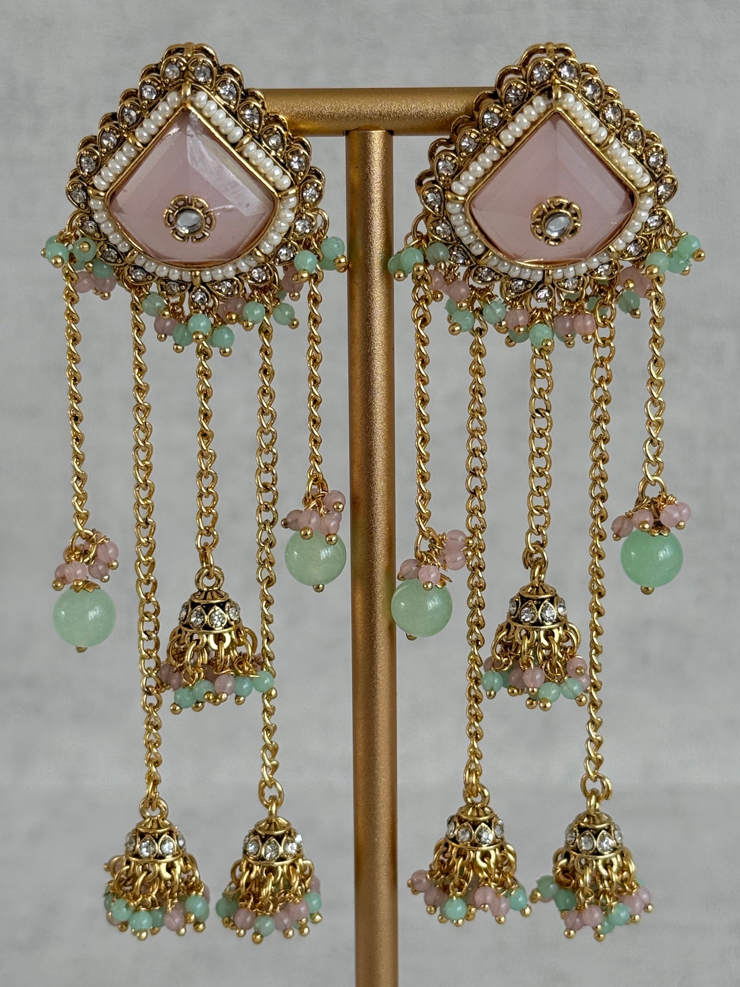 Ayura Designs Tanika Earrings – Blush Pink & Mint Green Duster Earrings with Jhumki Drops