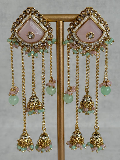 Ayura Designs Tanika Earrings – Blush Pink & Mint Green Duster Earrings with Jhumki Drops