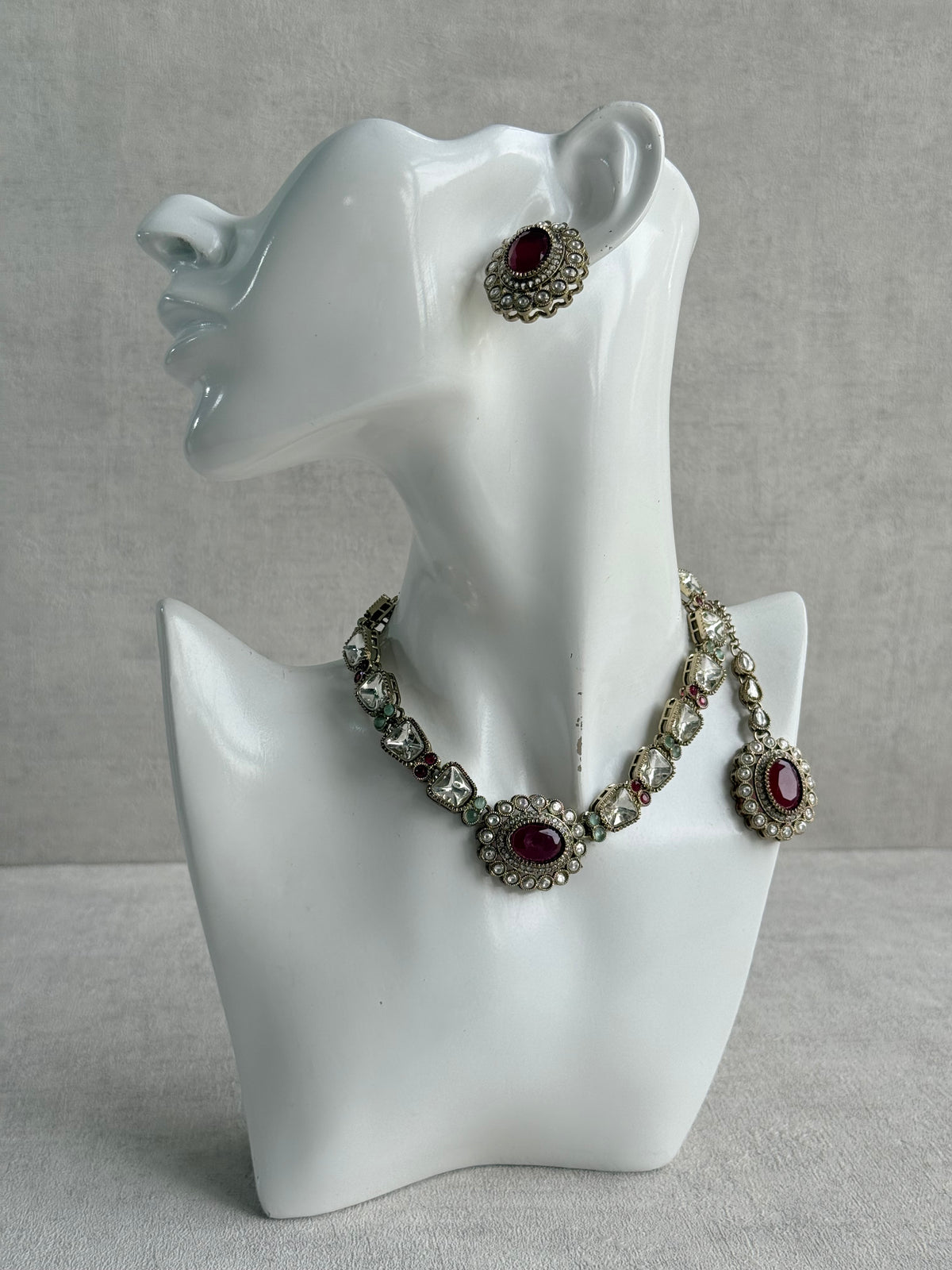 Ayura Designs Inza Necklace Set – Rani Pink & Mint Green Stones, Kundan & Crystals with Antique Gold Finish