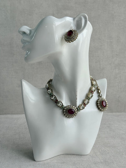 Ayura Designs Inza Necklace Set – Rani Pink & Mint Green Stones, Kundan & Crystals with Antique Gold Finish