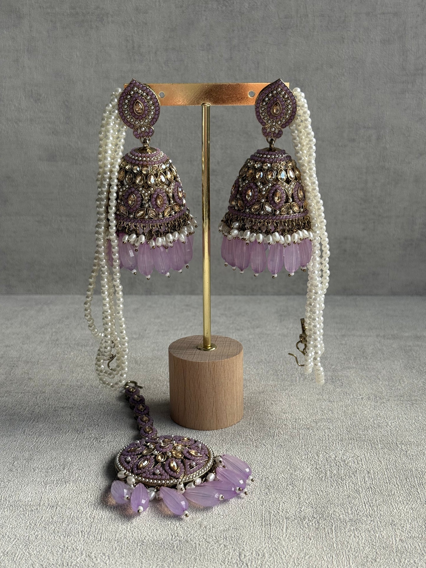 Ayura Designs Amrita Set – Jhumkis with Sahare & Tikka in Soft Lilac Beads, Pearls and Antique Gold Finish