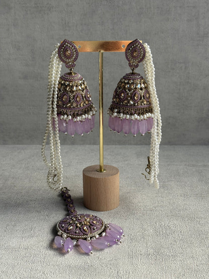 Ayura Designs Amrita Set – Jhumkis with Sahare & Tikka in Soft Lilac Beads, Pearls and Antique Gold Finish