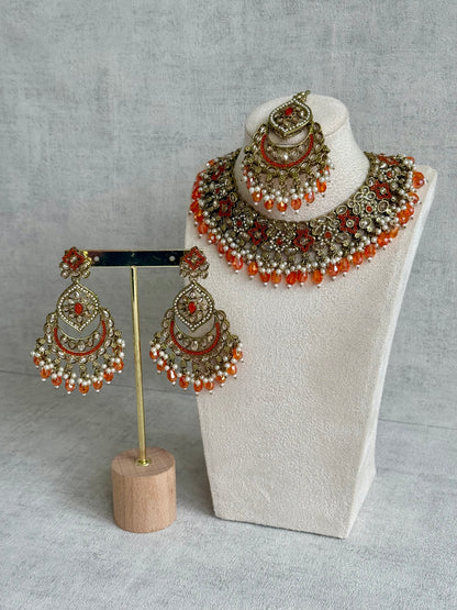 Ayura Designs Jazba Set with Necklace, Jhumkis & Tikka – Antique Gold, Mirror-Cut Stones, Pearl Detailing & Fiery Orange Beads