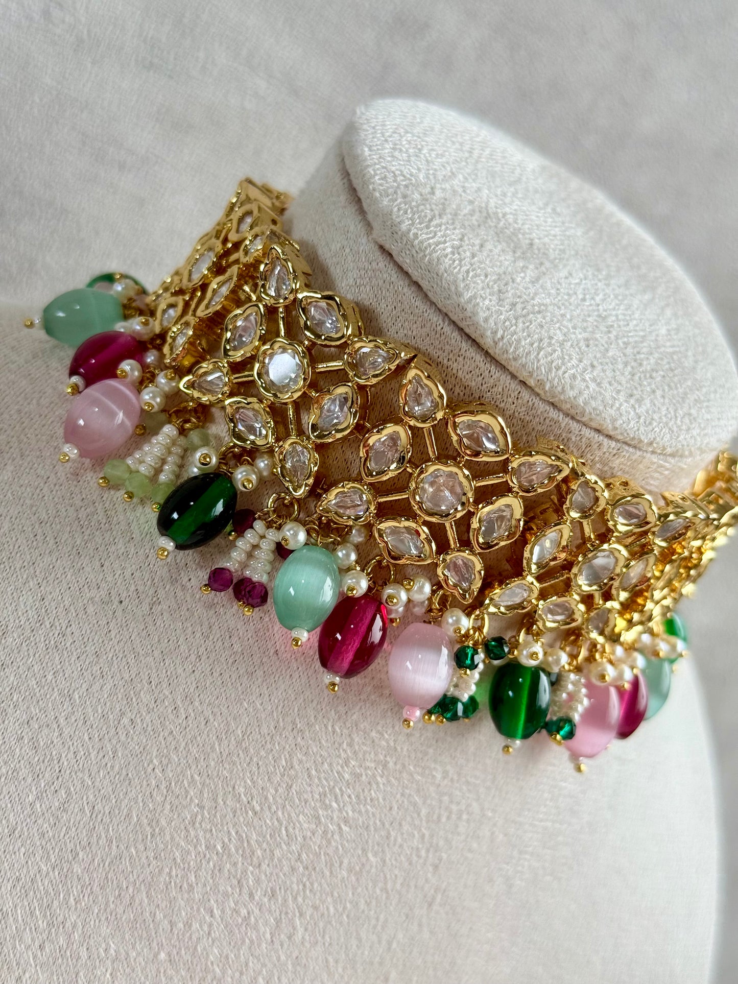 Ayura Designs Navya Choker Set with Earrings – Gold Finish with Moissanite Stones, Lattice Design, Emerald Beads & Pearl Detailing