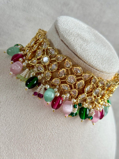 Ayura Designs Navya Choker Set with Earrings – Gold Finish with Moissanite Stones, Lattice Design, Emerald Beads & Pearl Detailing