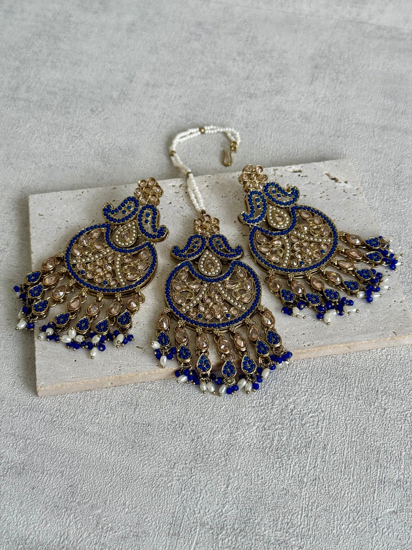 Ayura Designs Anvi Tikka Set with Earrings – Ink Blue with Champagne Stones & Pearl Drops