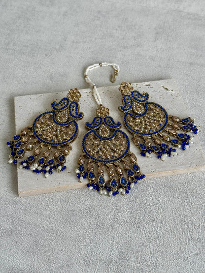 Ayura Designs Anvi Tikka Set with Earrings – Ink Blue with Champagne Stones & Pearl Drops
