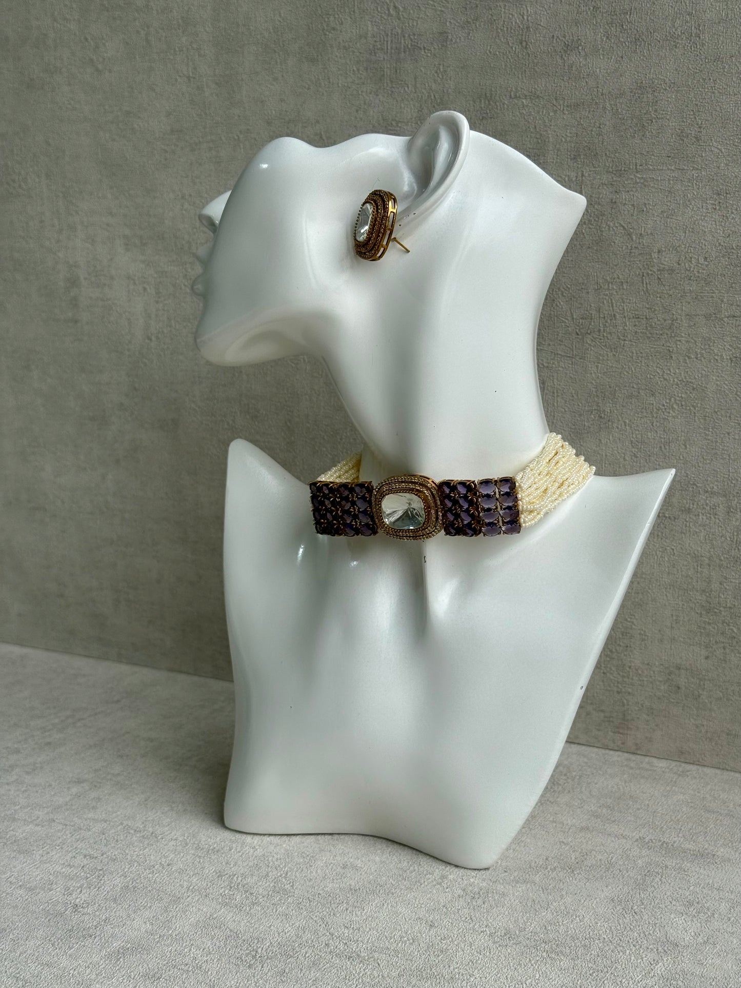 Ayura Designs Emma Choker Set – Deep Violet Gemstone Choker & Studs with Mirror-Cut Centrepiece, Pearl Strands & Crystal Borders