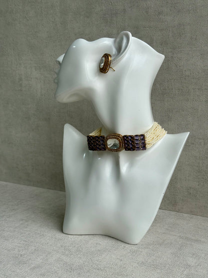 Ayura Designs Emma Choker Set – Deep Violet Gemstone Choker & Studs with Mirror-Cut Centrepiece, Pearl Strands & Crystal Borders