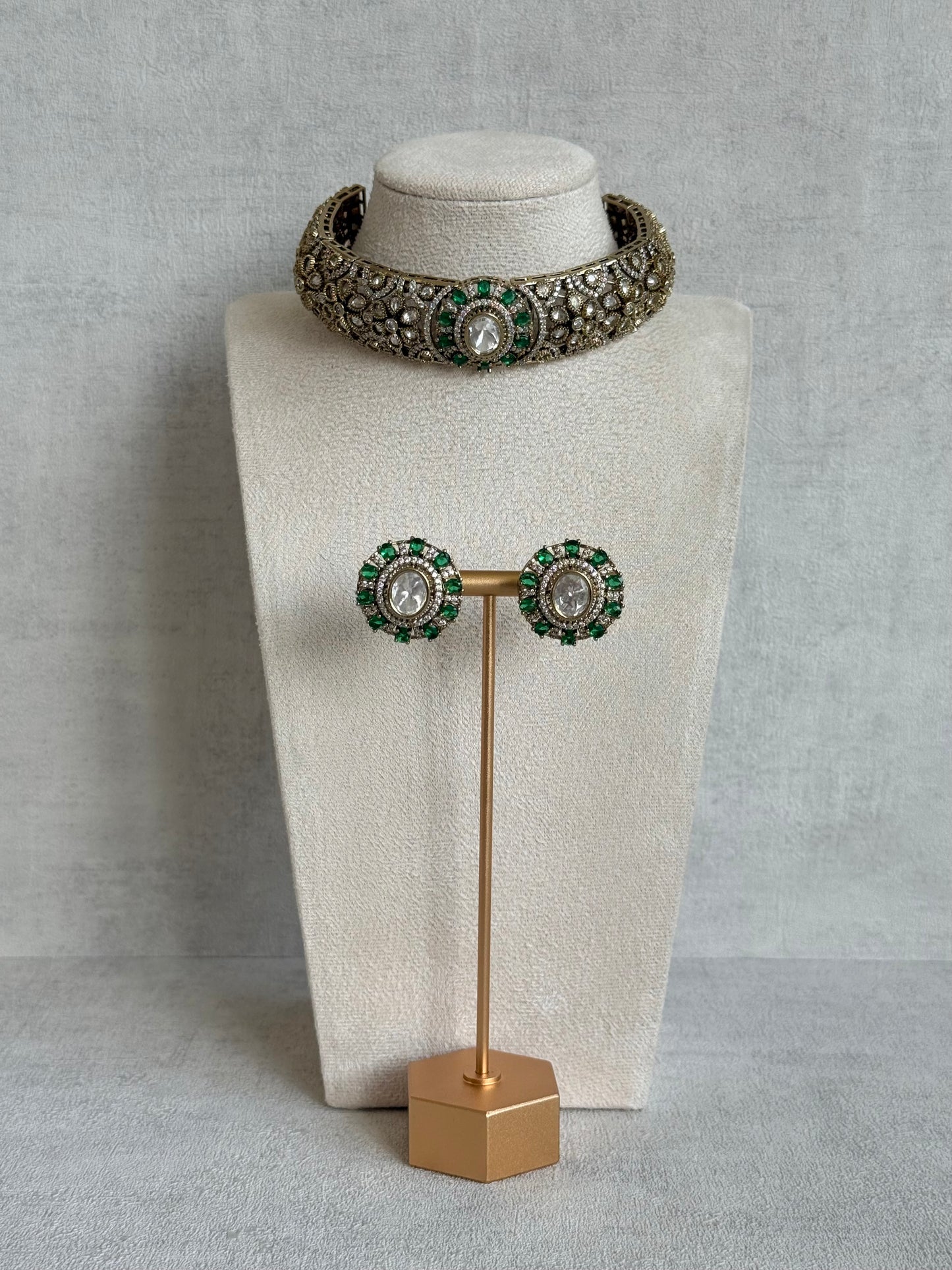 Ayura Designs Genevieve Choker Set with Studs – Emerald Green Crystal Kundan in Antique Gold