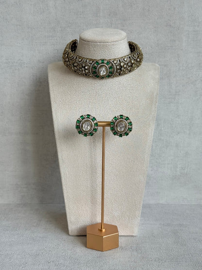 Ayura Designs Genevieve Choker Set with Studs – Emerald Green Crystal Kundan in Antique Gold