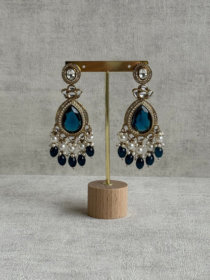 Ayura Designs Nageen Earrings – Antique Gold Jhumkis with Ink Blue Stones, Mirror-Cut Detailing & Pearl Drops