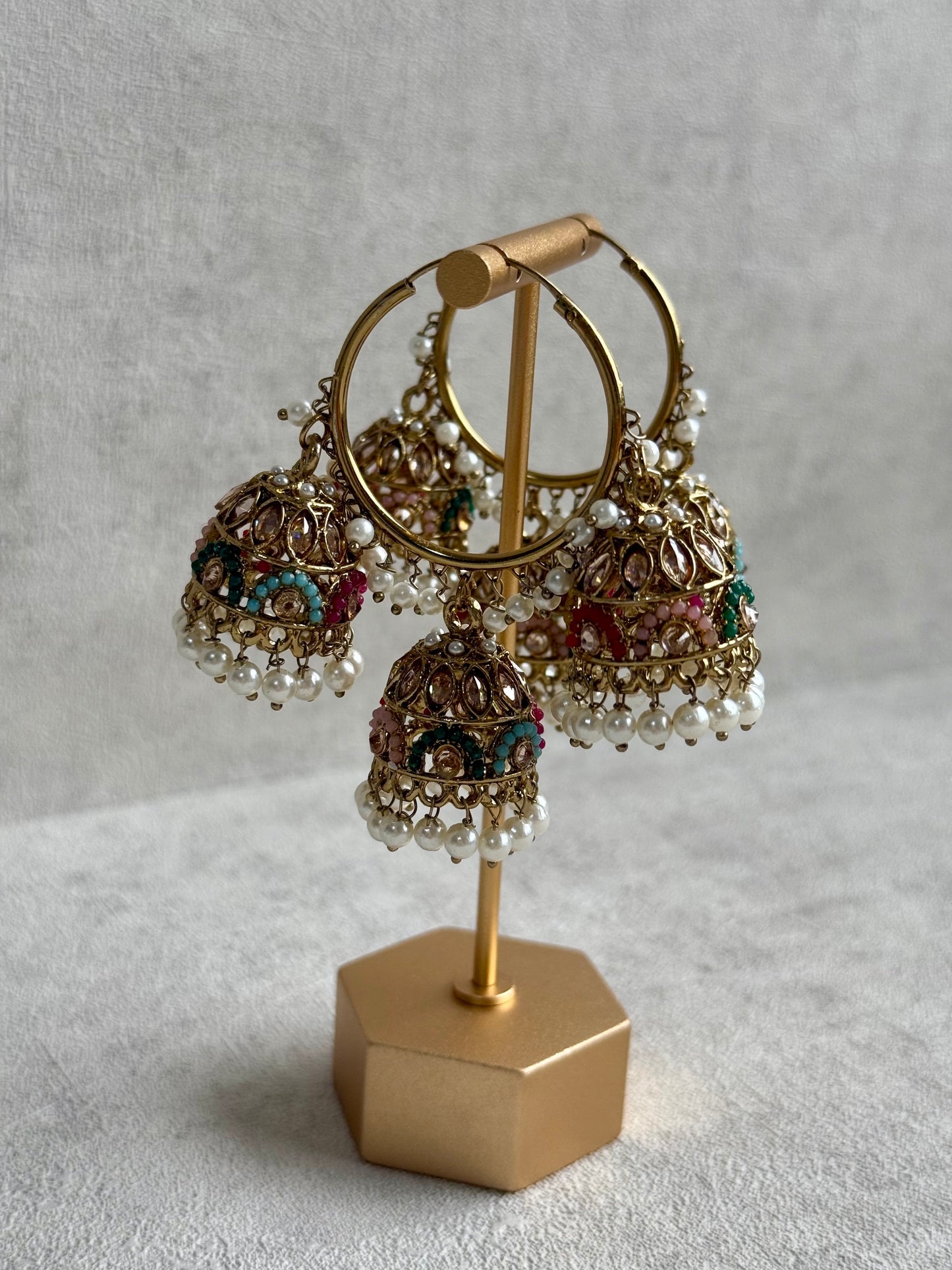 Ayura Designs Nakhra Balis – Multicolour Triple Dome Earrings with Mirror-Cut Stones & Pearl Detailing