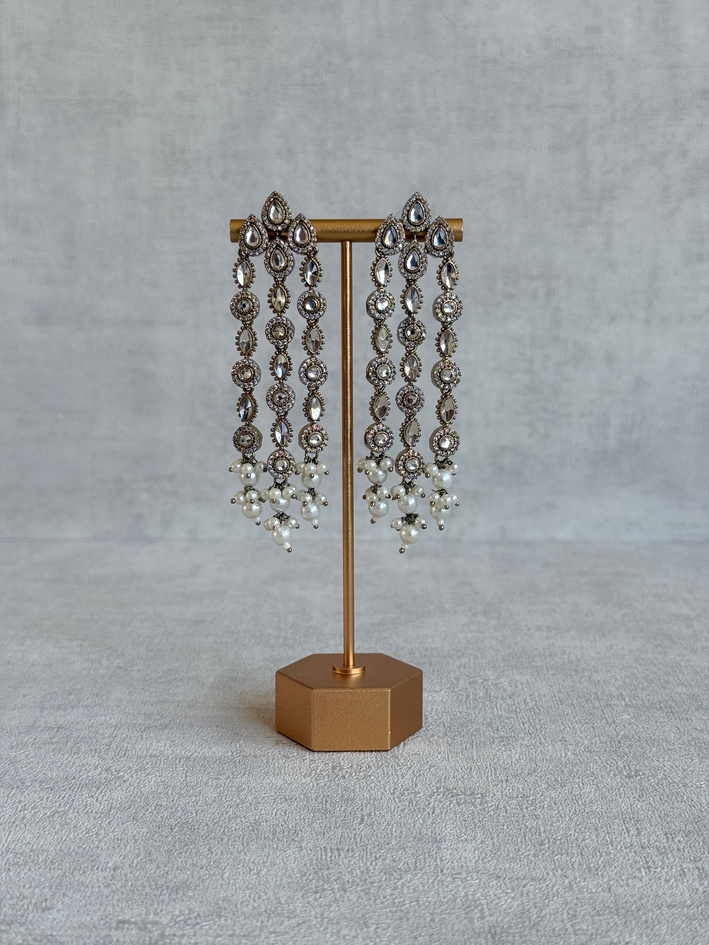 Ayura Designs Emilia Earrings – Gold Triple Strand Statement Earrings with Crystal Stones & Pearl Drops