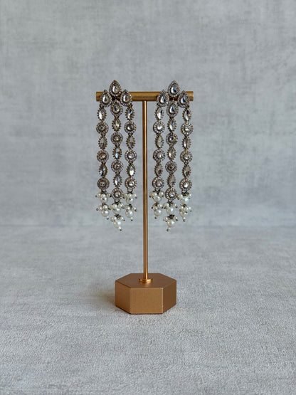Ayura Designs Emilia Earrings – Gold Triple Strand Statement Earrings with Crystal Stones & Pearl Drops