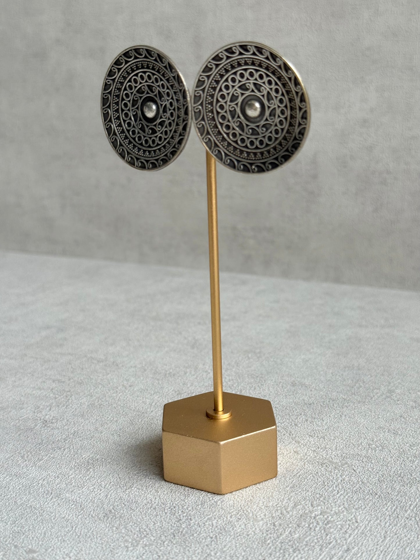 Ayura Designs Moksha Earrings – Oversized Oxidised Disc Stud Earrings with Intricate Cutwork Detailing