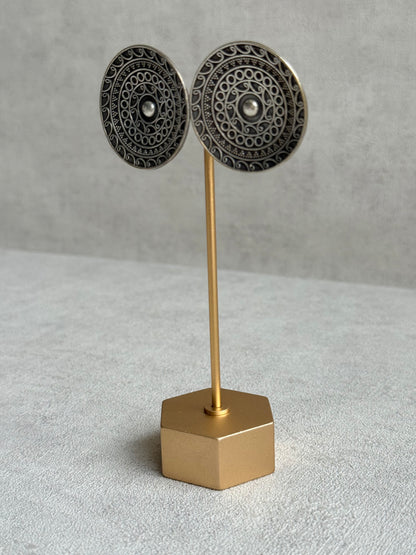 Ayura Designs Moksha Earrings – Oversized Oxidised Disc Stud Earrings with Intricate Cutwork Detailing