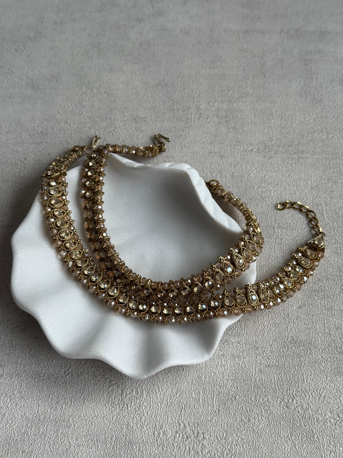 Ayura Designs Chandni Payals – Kundan Anklets with Champagne Crystals & Antique Gold Finish