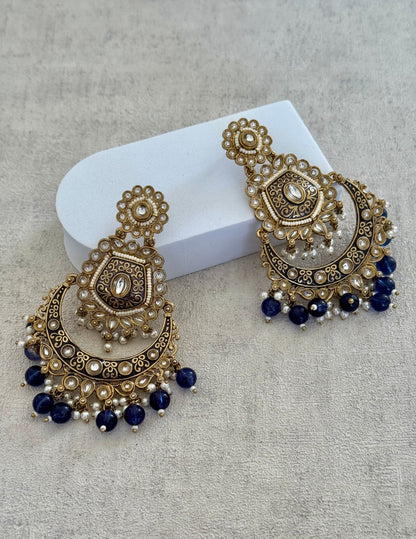 Ayura Designs Safa Antique Gold-Plated Chandbali Earrings with Pearl and Blue Bead Accents