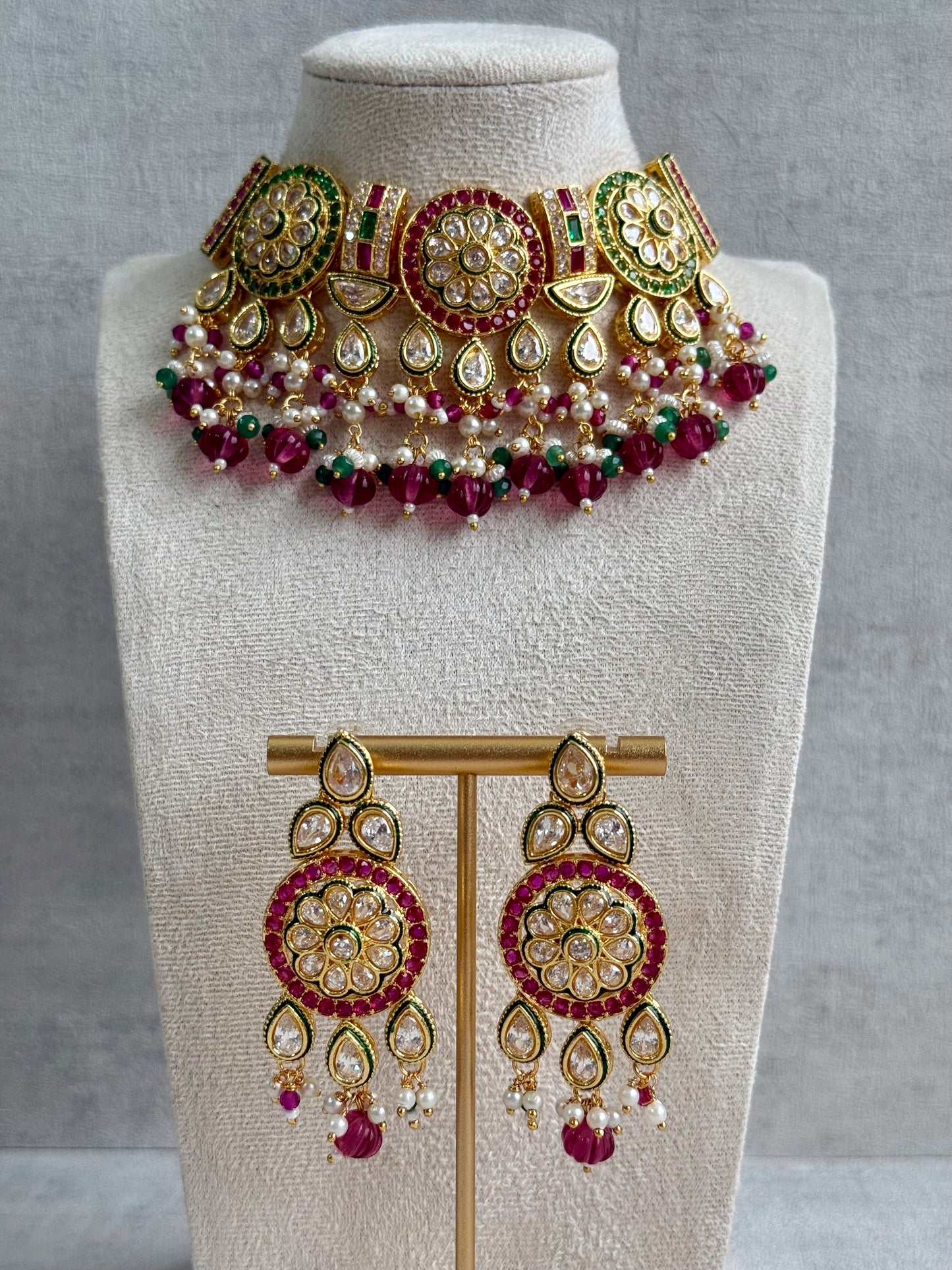 Ayura Designs Yasvi Set – Necklace & Earrings with Mirror-Cut Stones, Fuchsia Pink, Emerald Green & Pearl Detailing