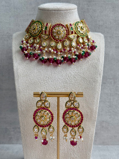 Ayura Designs Yasvi Set – Necklace & Earrings with Mirror-Cut Stones, Fuchsia Pink, Emerald Green & Pearl Detailing