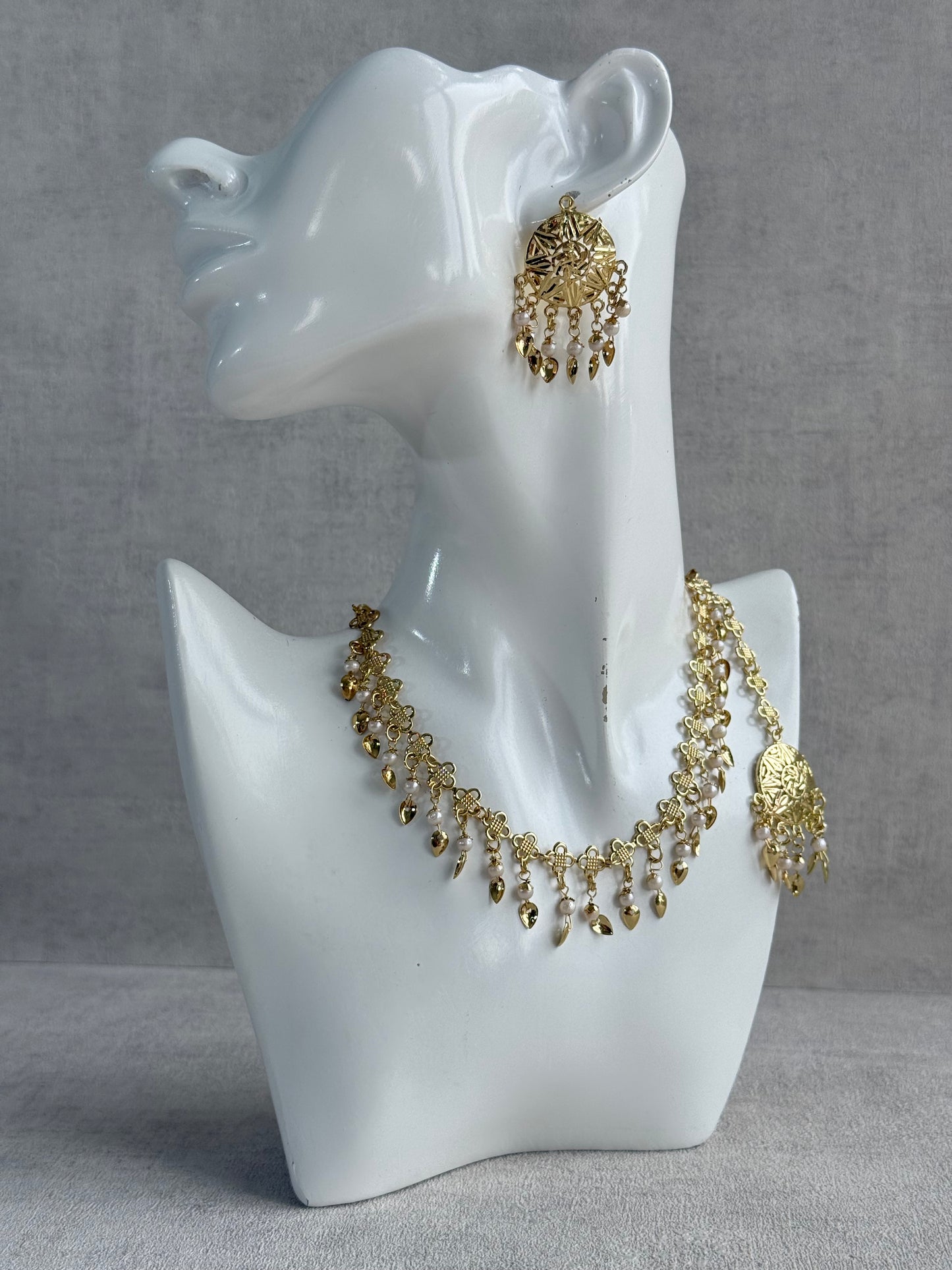 Ayura Designs Rupal Necklace Set with Earrings & Tikka – Gold Finish with Pearls & Pippal Patti Detailing