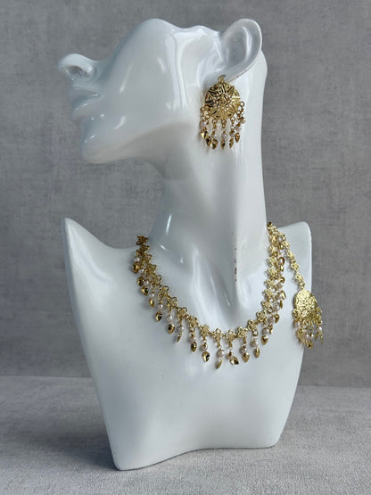 Ayura Designs Rupal Necklace Set with Earrings & Tikka – Gold Finish with Pearls & Pippal Patti Detailing