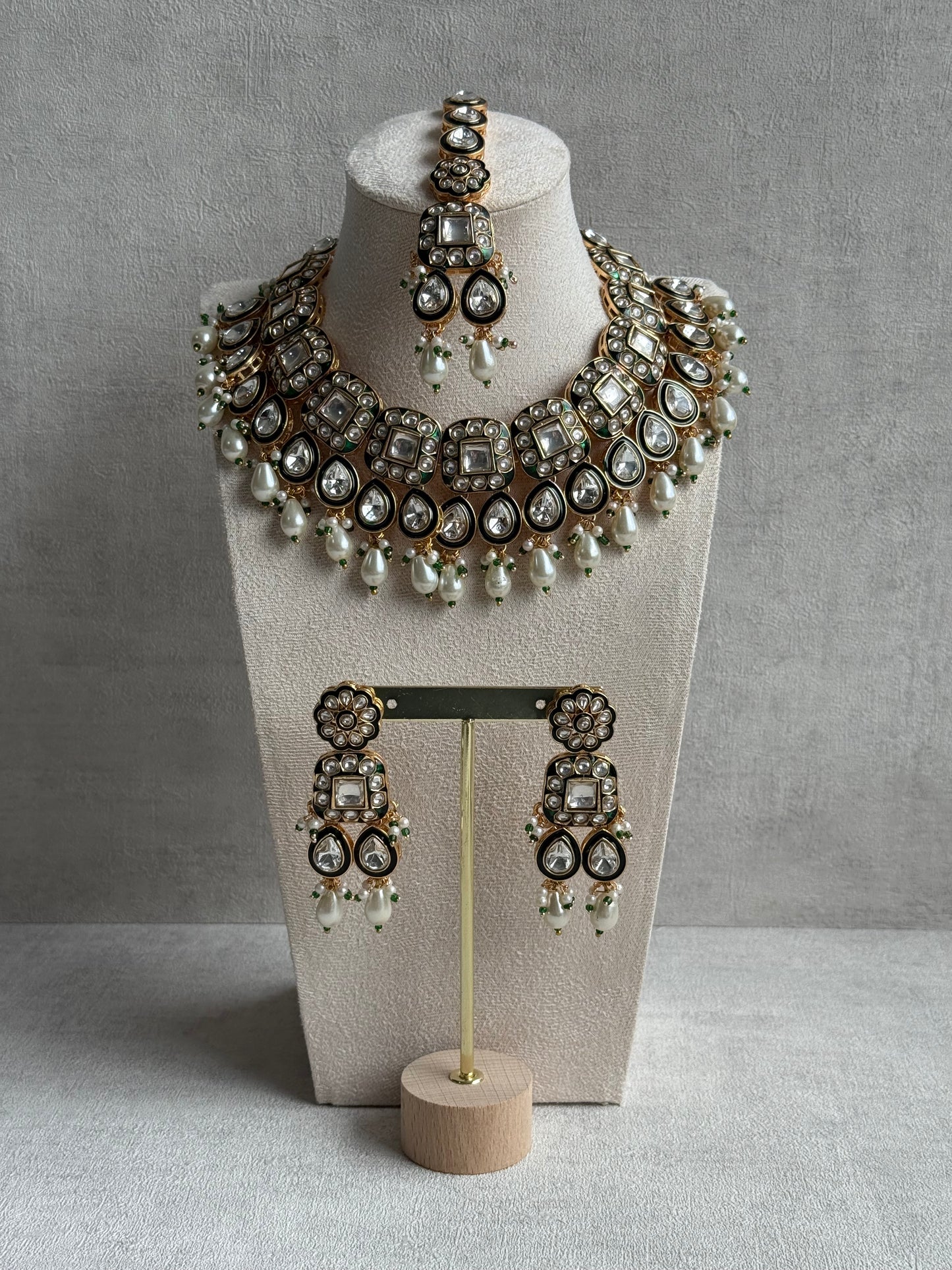 Ayura Designs Salma Set – Necklace, Earrings & Tikka with Mirror-Cut Kundan, Ivory Pearls, Emerald Green Meenakari & Gold Finish