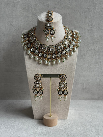 Ayura Designs Salma Set – Necklace, Earrings & Tikka with Mirror-Cut Kundan, Ivory Pearls, Emerald Green Meenakari & Gold Finish