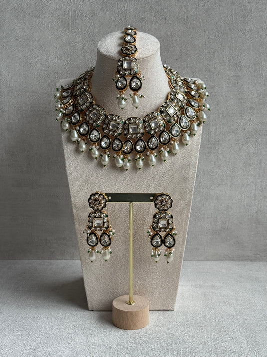 Ayura Designs Salma Set – Necklace, Earrings & Tikka with Mirror-Cut Kundan, Ivory Pearls, Emerald Green Meenakari & Gold Finish