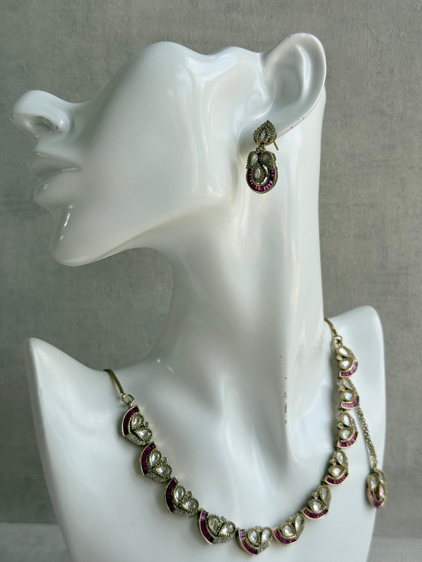 Ayura Designs Katalina Necklace Set with Earrings & Tikka – Rani Pink Stones, Crystals & Antique Gold Finish