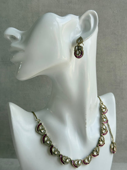 Ayura Designs Katalina Necklace Set with Earrings & Tikka – Rani Pink Stones, Crystals & Antique Gold Finish