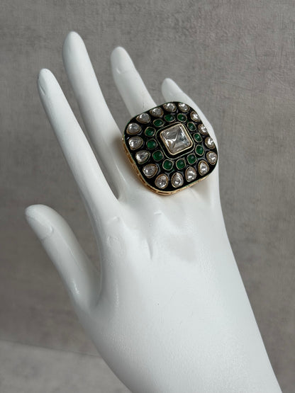 Ayura Designs Arzoo Adjustable Ring – Mirror-Cut Stone Centre with Emerald Green Stones, Green Enamel & Crystal Detailing