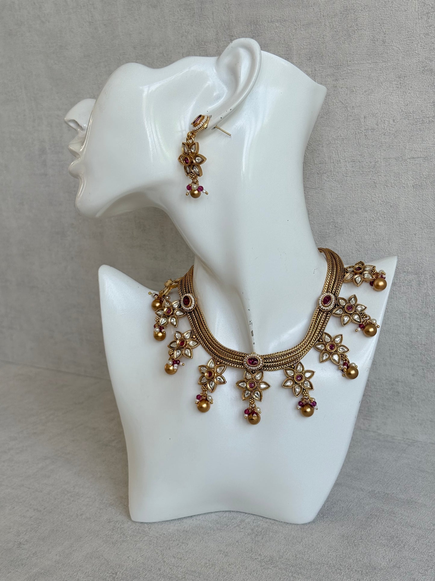 Ayura Designs Daksha Necklace Set with Earrings – Gold Layered Chain Necklace with Ruby Pink Kundan Floral Motifs