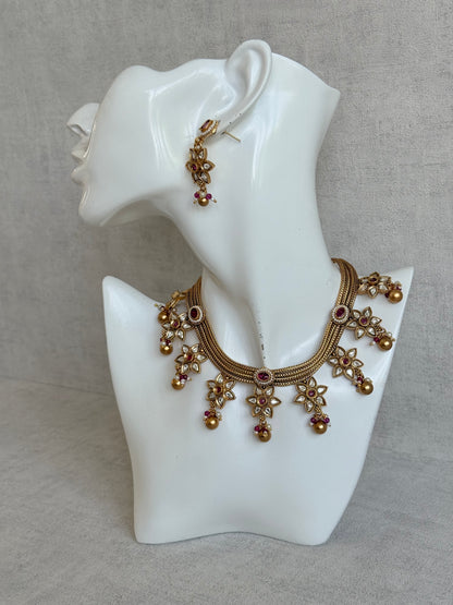 Ayura Designs Daksha Necklace Set with Earrings – Gold Layered Chain Necklace with Ruby Pink Kundan Floral Motifs