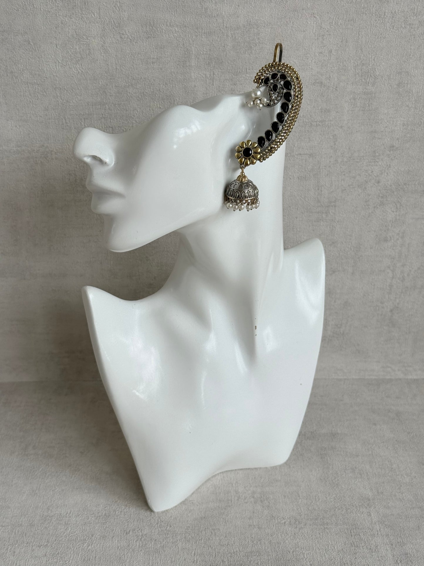 Ayura Designs Koyal Jhumkis – Oxidised Dual Tone Ear Climber Jhumkis with Black Kundan & Pearl Detailing