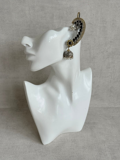Ayura Designs Koyal Jhumkis – Oxidised Dual Tone Ear Climber Jhumkis with Black Kundan & Pearl Detailing