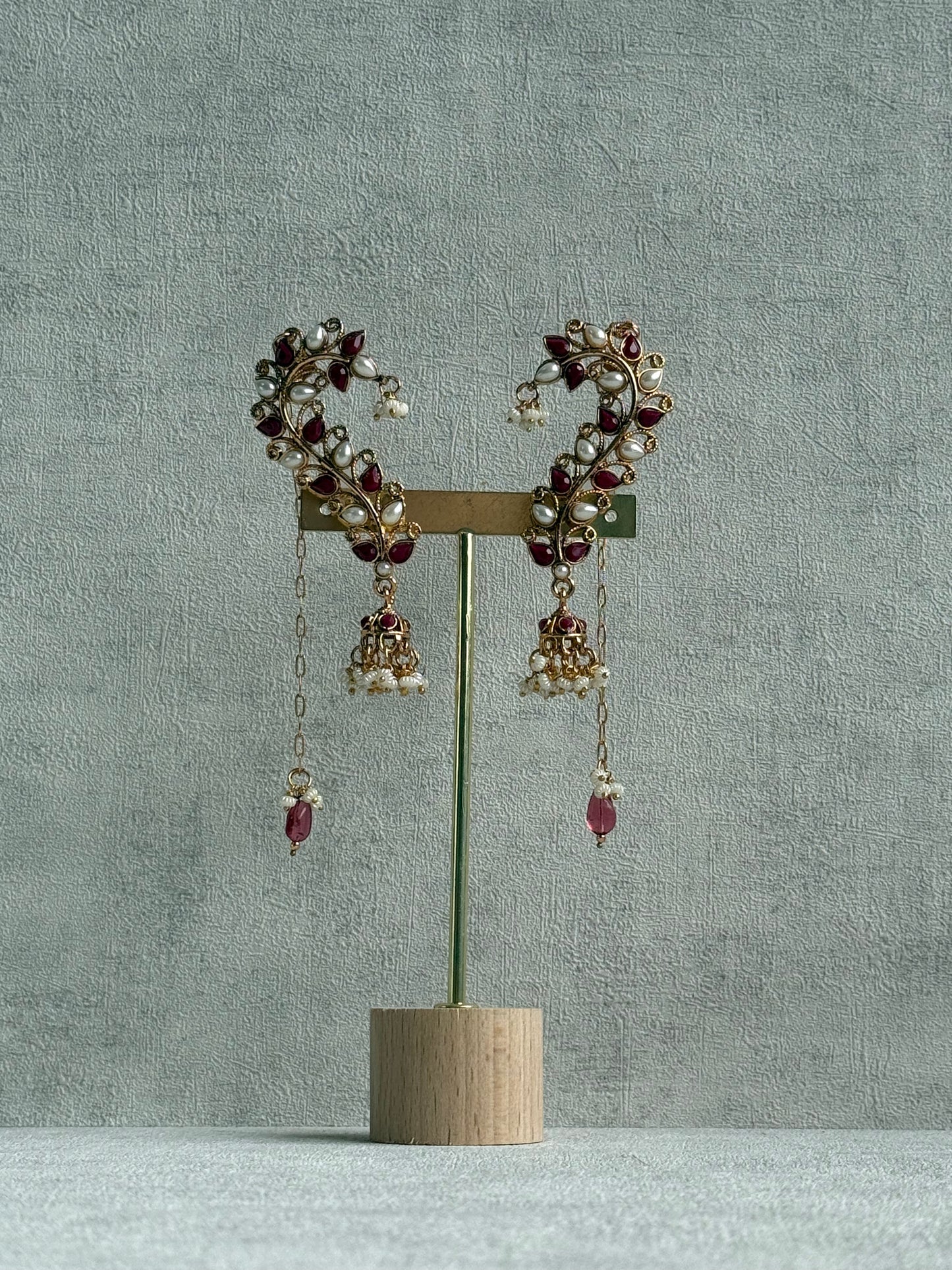 Ayura Designs Mastani Earrings – Gold Ear Climbers with Ruby Stones, Pearls & Jhumki Drops