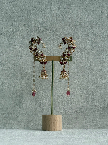 Ayura Designs Mastani Earrings – Gold Ear Climbers with Ruby Stones, Pearls & Jhumki Drops