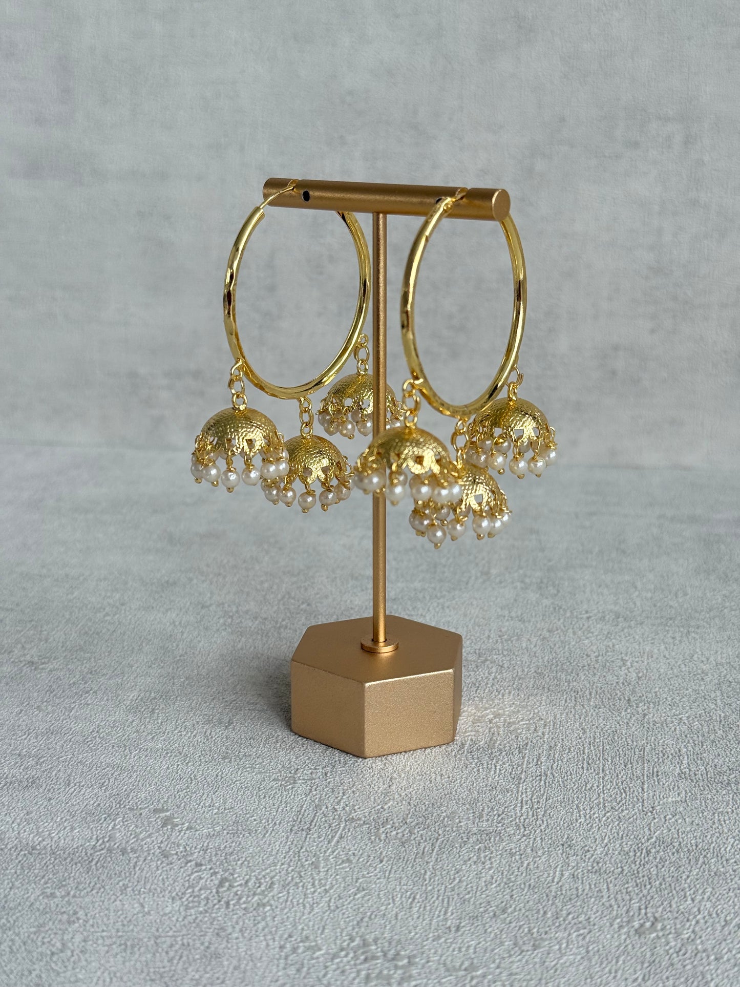 Ayura Designs Anam Balis – Gold Triple Jhumki Hoop Earrings with Pearl Drops