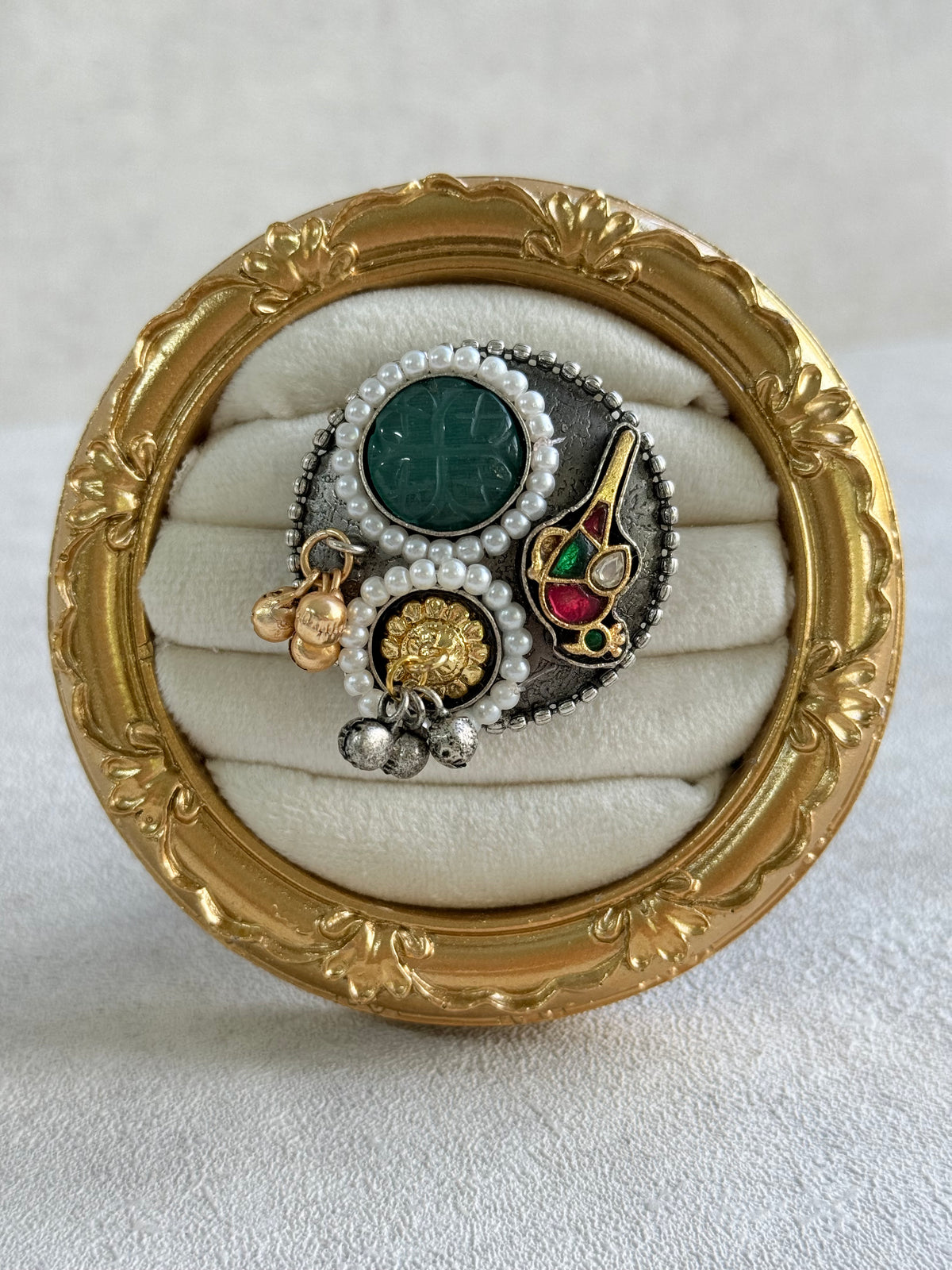 Ayura Designs Mihika Adjustable Ring – Oxidised Statement Ring with Green Stone, Pearl Detailing & Parrot Motif