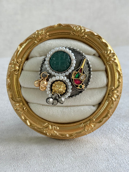 Ayura Designs Mihika Adjustable Ring – Oxidised Statement Ring with Green Stone, Pearl Detailing & Parrot Motif