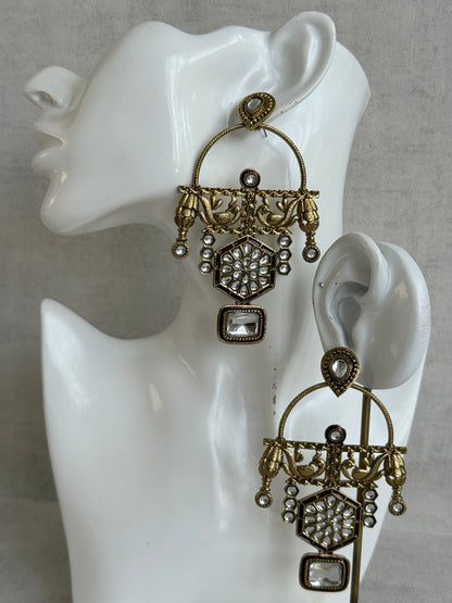 Ayura Designs Irene Earrings – Maroon Kundan, Meenakari & Crystal Peacock Chandeliers in Gold