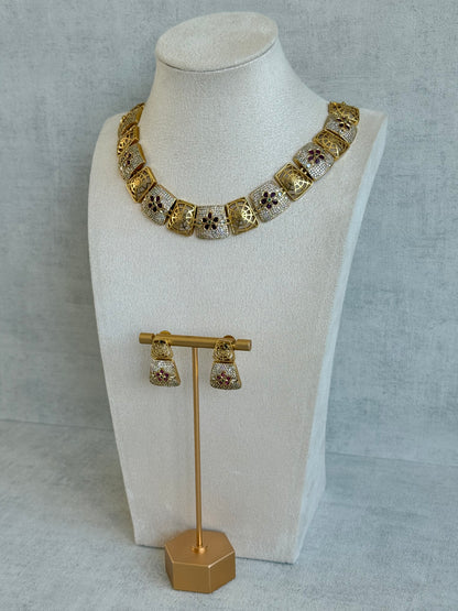 Ayura Designs Vibha Necklace & Stud Earrings Set – Gold Floral Statement Design with Ruby Pink & Crystal Detailing